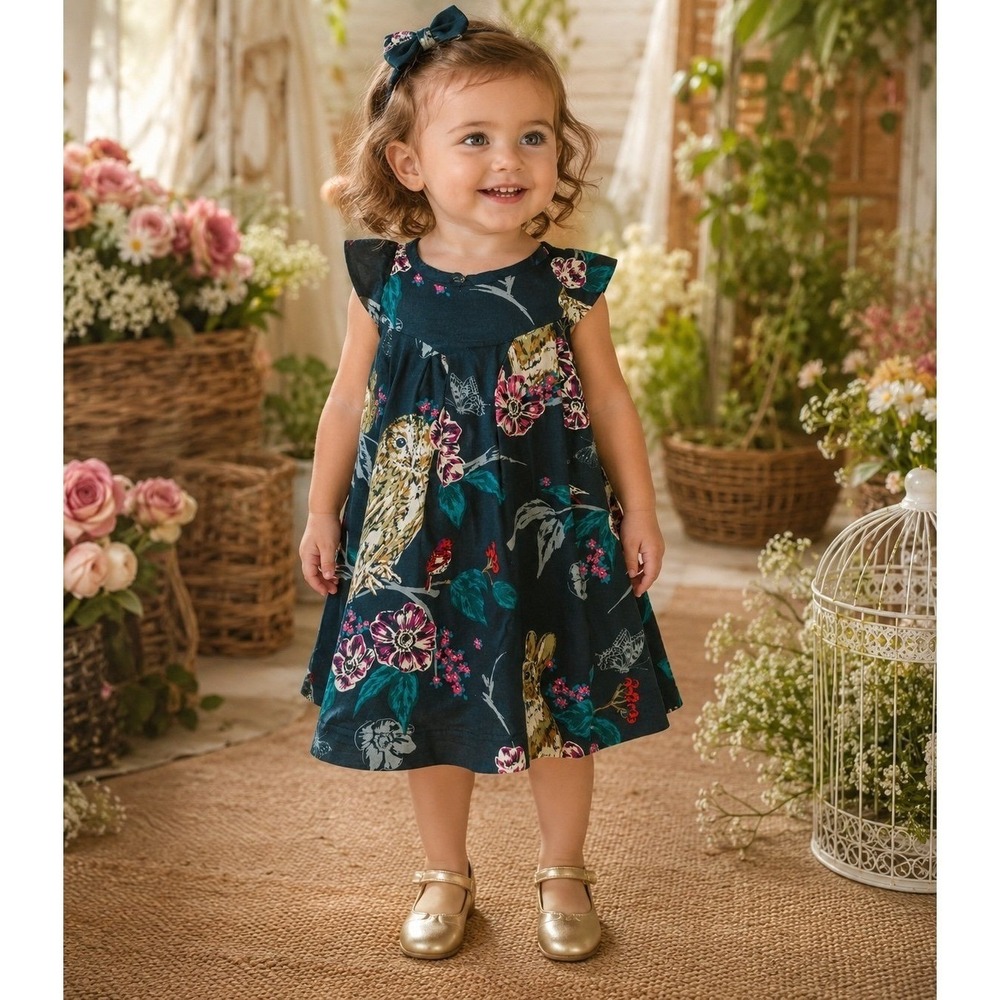 Tea Collection Girls Woodland Animal Print Cotton Dress 12-18M Owl Rabbit